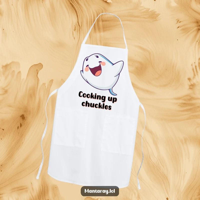 Funny Apron featuring a manta ray laughing with its mouth wide open while performing a barrel roll, a cheerful kitchen accessory.