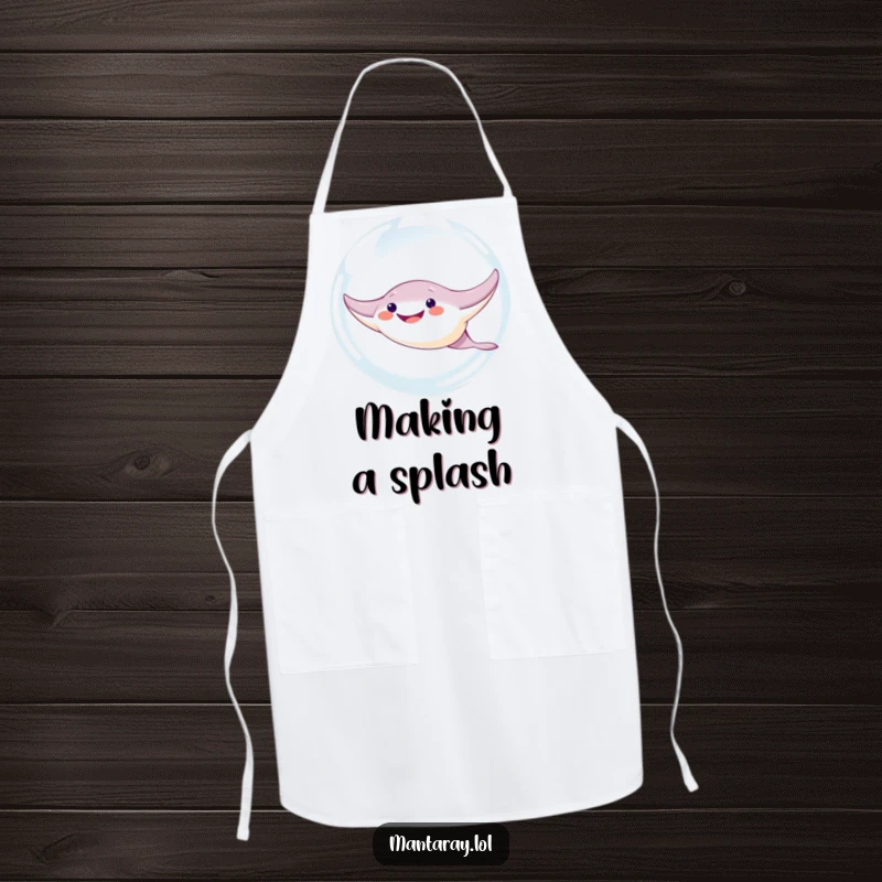 Funny Manta Ray Apron: A cute, smiling manta ray character humorously swims through a large bubble, perfect for a fun cooking experience.