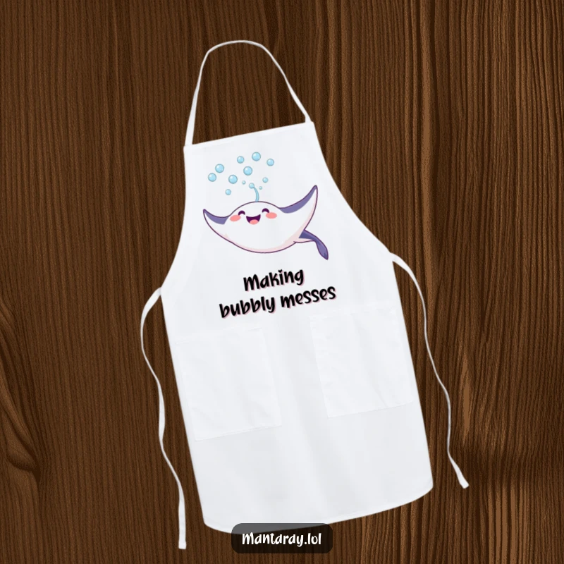 Funny Apron featuring a joyful manta ray blowing a stream of bubbles upwards, a cheerful and playful kitchen accessory.