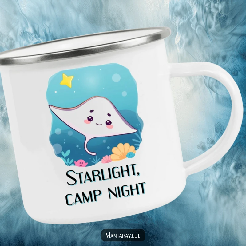 Funny Camping Mug of a curious manta ray looking up at a twinkling star in the ocean depths, perfect for outdoor stargazers.