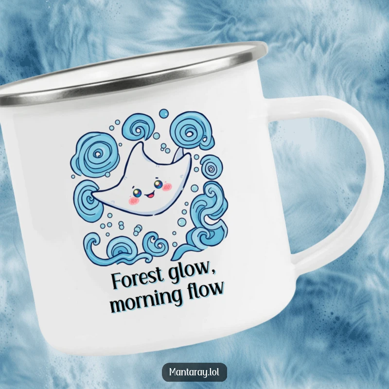Funny Camping Mug featuring a happy manta ray with illuminated glowing eyes, swimming through swirling water, perfect for outdoor enthusiasts.