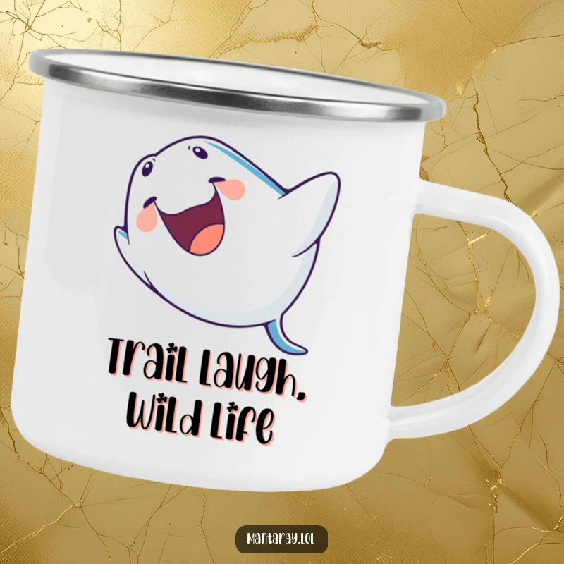 Funny Camping Mug of a manta ray laughing with an open mouth, executing a barrel roll, ideal for outdoor enthusiasts with a sense of humor.