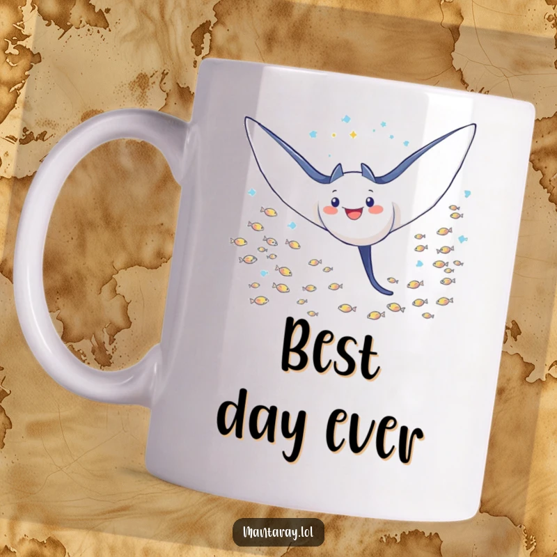 Funny Mug featuring a triumphant manta ray with wings spread wide, soaring gracefully through a dense school of tiny, shimmering fish.