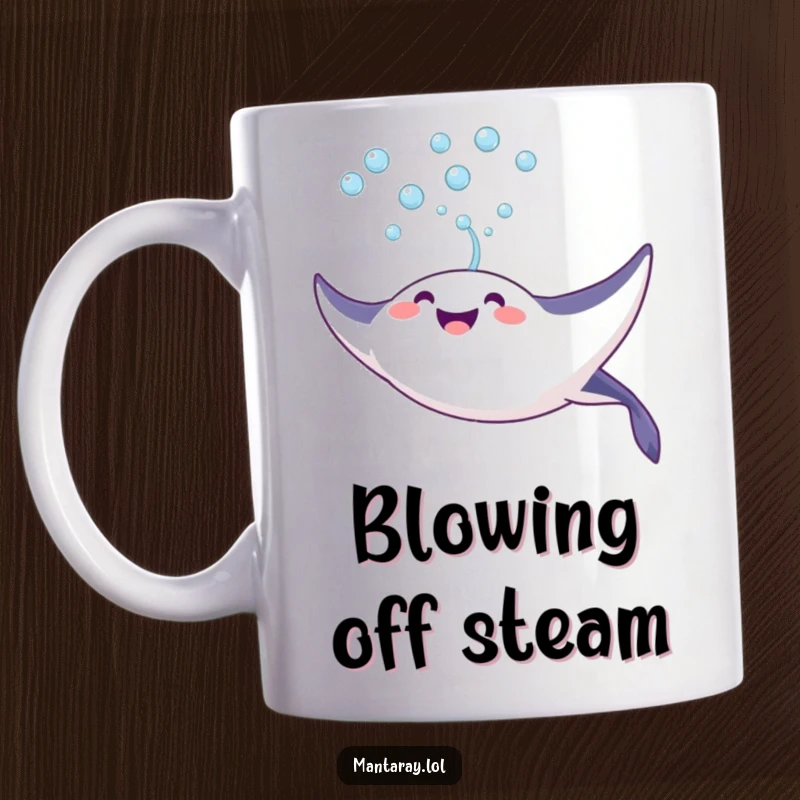 Funny Mug showing a joyful manta ray blowing a stream of iridescent bubbles upwards towards the ocean surface, exuding happiness.