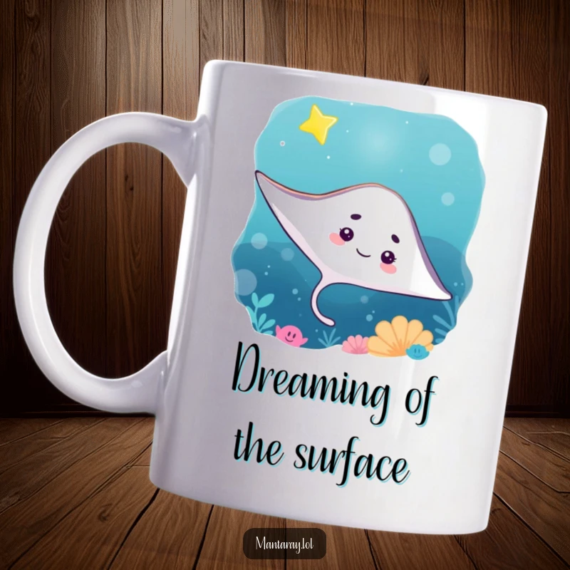 Funny Mug featuring a curious manta ray looking upwards at a bright, twinkling star deep within the ocean, a symbol of wonder.