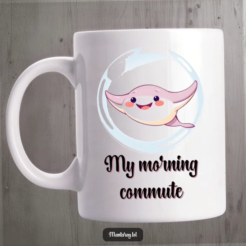 Funny Manta Ray Mug showing a cute, grinning manta ray swimming joyfully through a giant, sparkling bubble. A whimsical underwater scene.