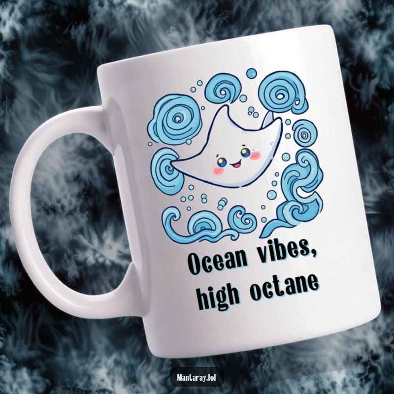 Funny Mug featuring a happy manta ray with bright glowing eyes, swimming serenely amidst swirling blue water patterns, a delightful ocean creature.