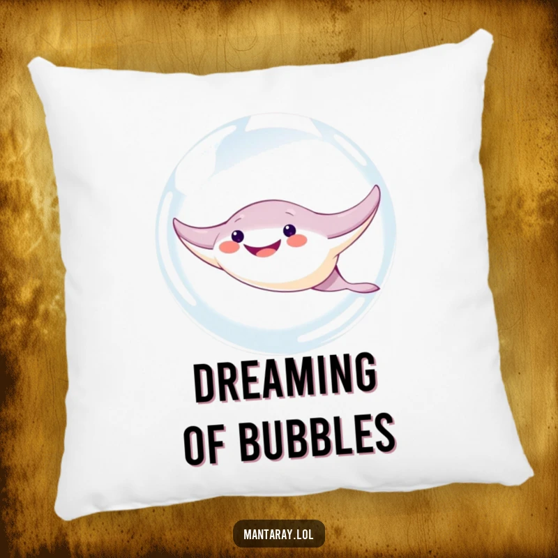 Funny Manta Ray Pillow: A cute, grinning manta ray character humorously exploring a giant bubble, designed for comfort and a good laugh.