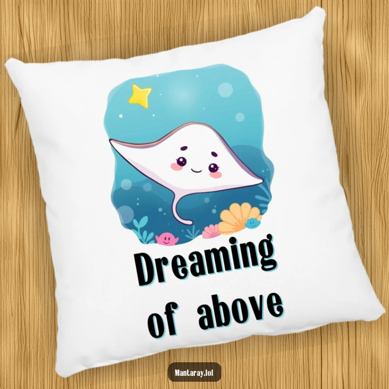 Funny Pillow featuring a plush, curious manta ray looking up at a twinkling star in the ocean depths, perfect for cozy moments.