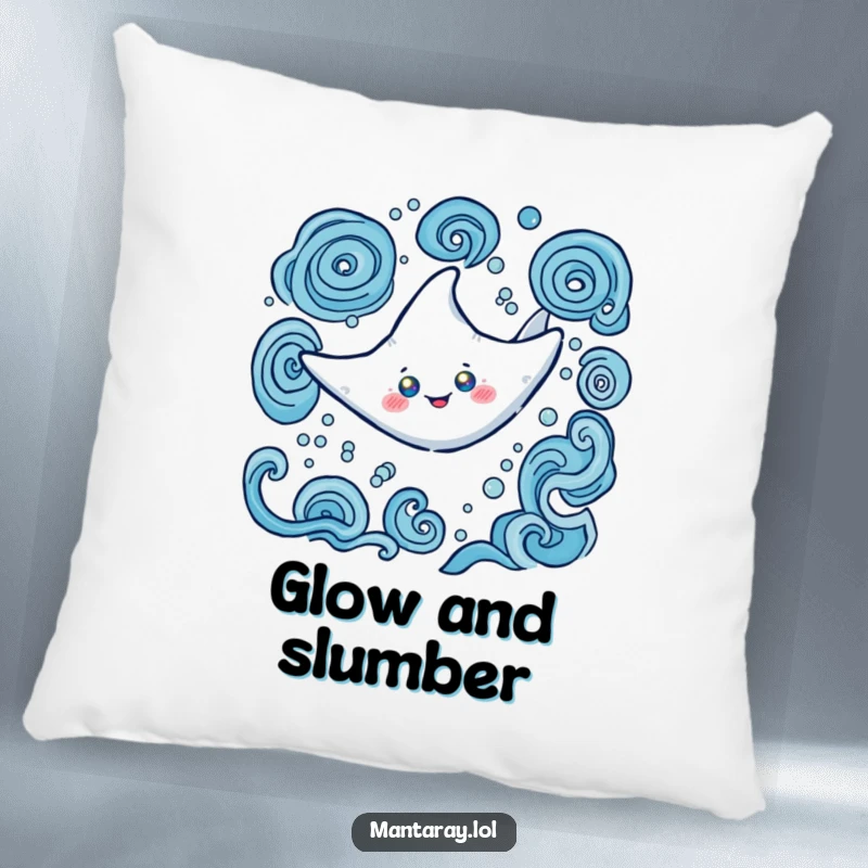 Funny Pillow featuring a plush, happy manta ray with glowing eyes, nestled amongst soothing swirling water patterns, a touch of comfort.