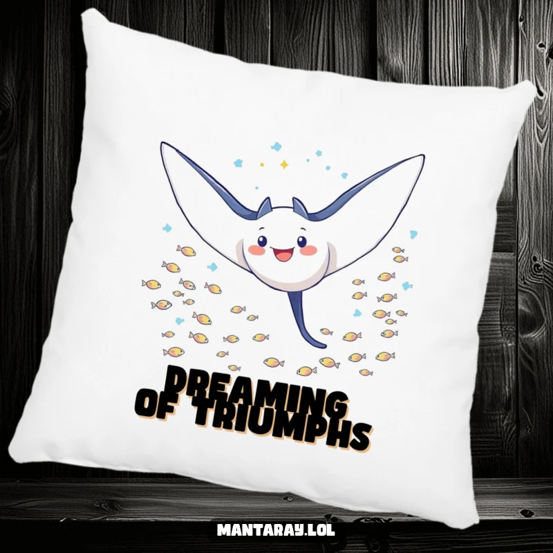 Funny Pillow featuring a plush, triumphant manta ray with wings outstretched, soaring through a school of tiny fish, bringing cozy victory.