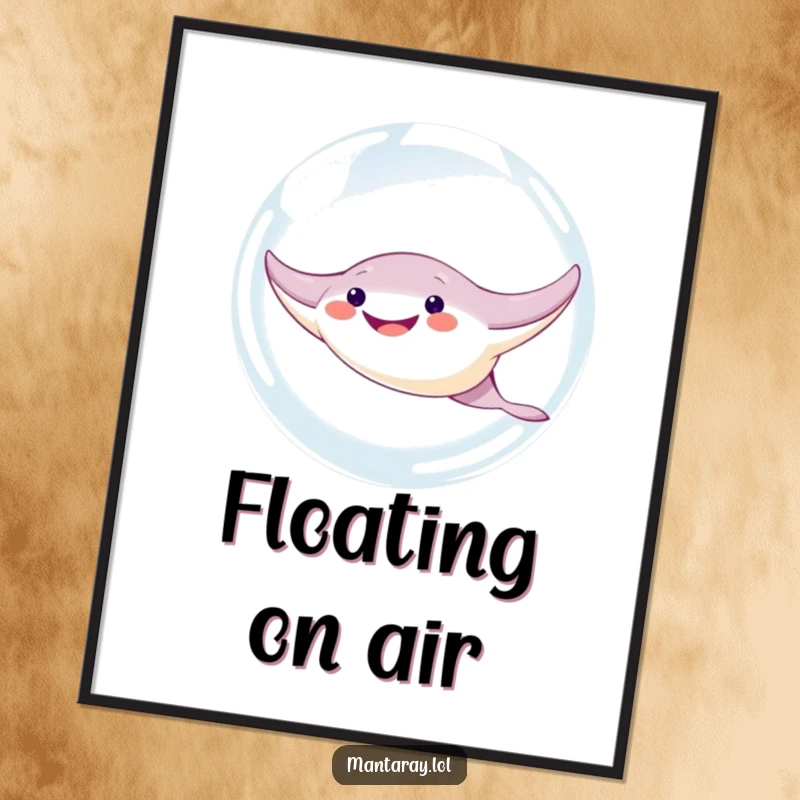 Funny Manta Ray Digital Art Print: A cute, wide-grinning manta ray character humorously swims through a giant, sparkling bubble in this vibrant art.