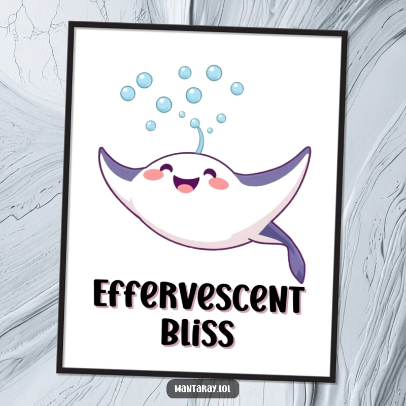 Funny Digital Art Print of a joyful manta ray blowing a stream of bubbles upwards towards the surface, printable ocean delight.