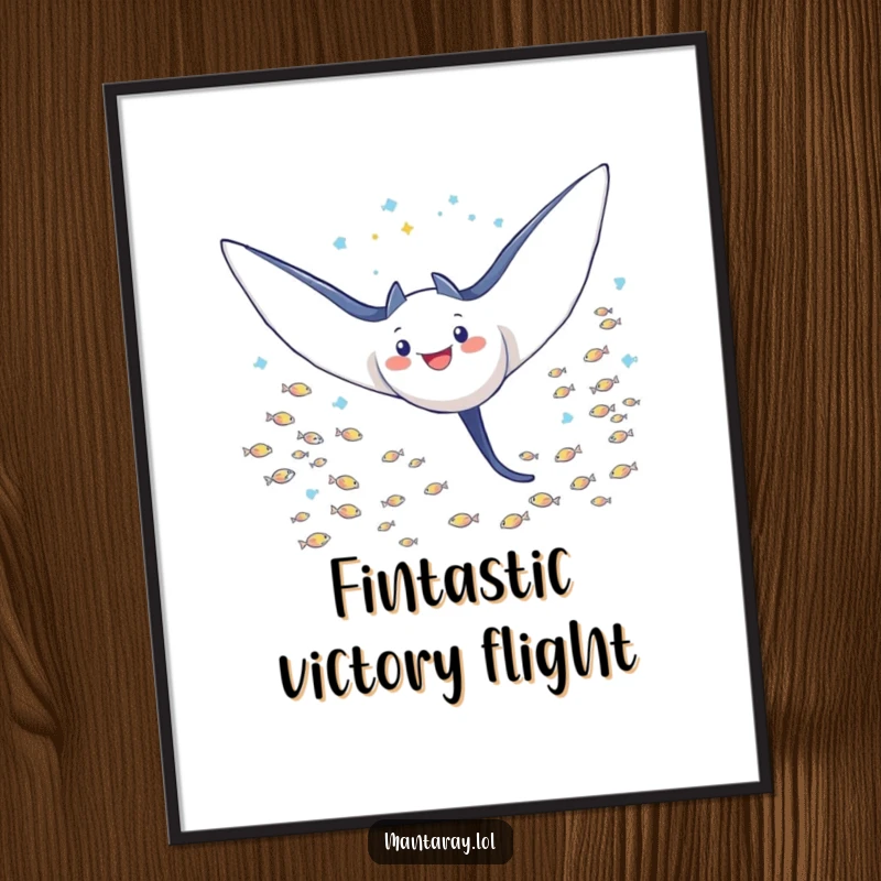 Funny Digital Art Print of a triumphant manta ray with outstretched wings, soaring through a school of tiny fish, printable victory.