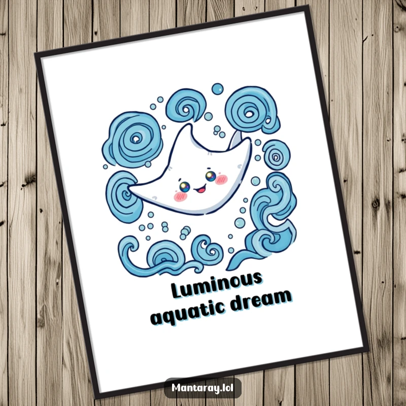 Funny Digital Art Print of a happy manta ray with intense glowing eyes, swimming dynamically through swirling water patterns, printable ocean wonder.