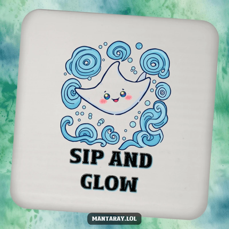 Funny Coaster showcasing a happy manta ray with bright glowing eyes, gracefully swimming amidst swirling water patterns, a functional piece of art.