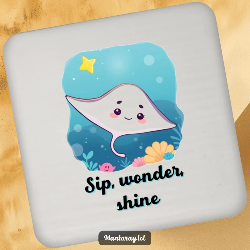 Funny Coaster featuring a curious manta ray looking up at a bright, twinkling star in the ocean, a charming and protective accessory.