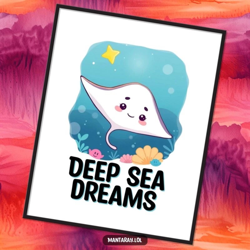 Funny Poster of a curious manta ray peering intently at a bright, twinkling star in the dark ocean depths, an inspiring scene.