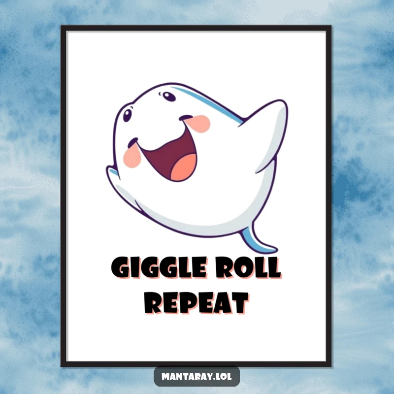 Funny Poster of a manta ray with a wide-open laughing mouth, performing an exciting barrel roll, capturing pure aquatic merriment.