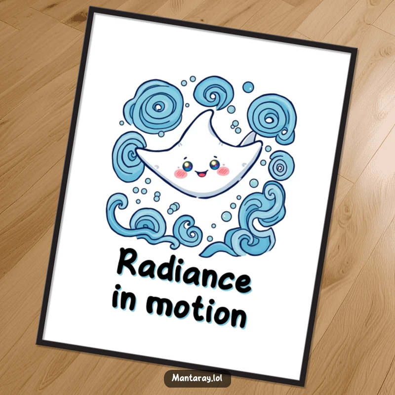 Funny Poster of a happy manta ray with striking glowing eyes, swimming amidst hypnotic swirling water patterns, an awe-inspiring ocean vista.