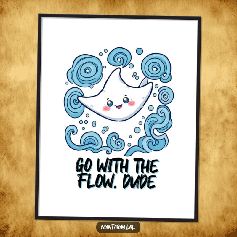 Funny free printable wall art: A happy manta ray with glowing eyes gracefully swims through swirling ocean patterns.