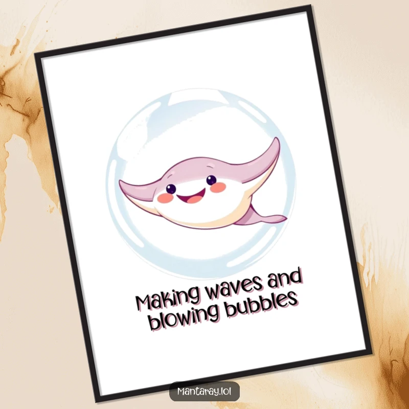 Funny Free Printable Wall Art: A cheerful manta ray with a huge grin swims merrily inside a giant, shimmering bubble, adding aquatic fun.