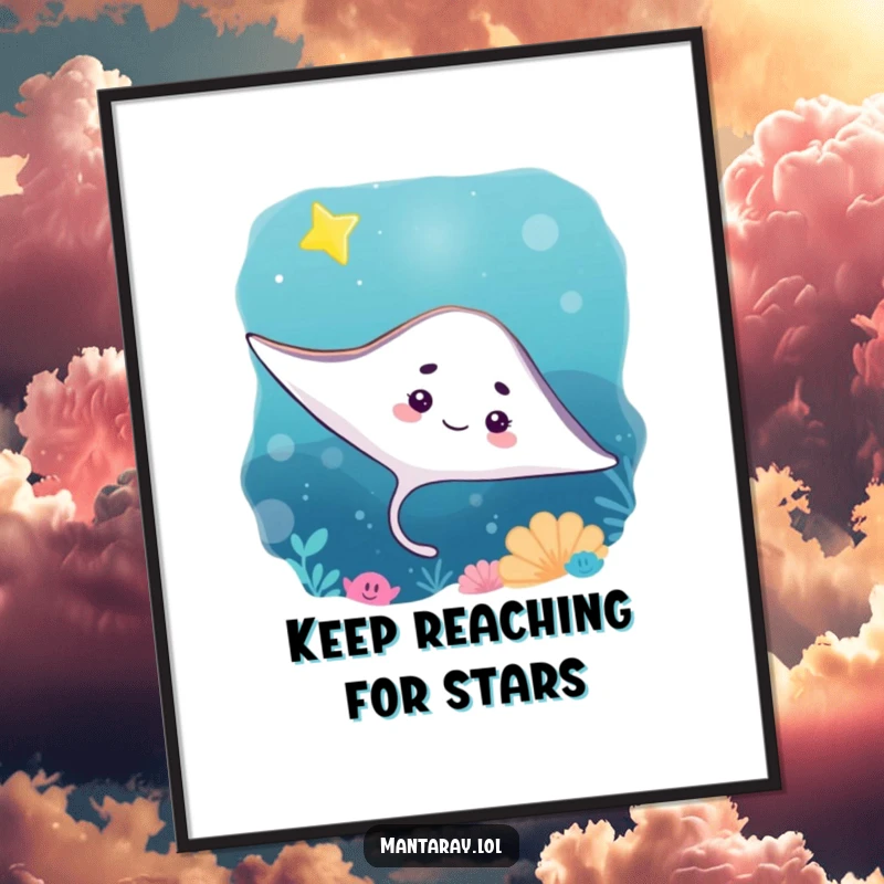 Funny free printable wall art: A curious manta ray peers up at a bright, twinkling star in the mysterious ocean depths.