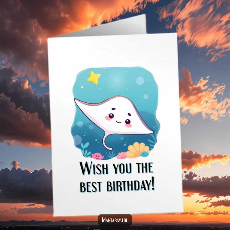 Funny free printable Happy Birthday card: A curious manta ray peers up at a bright, twinkling star deep in the ocean.