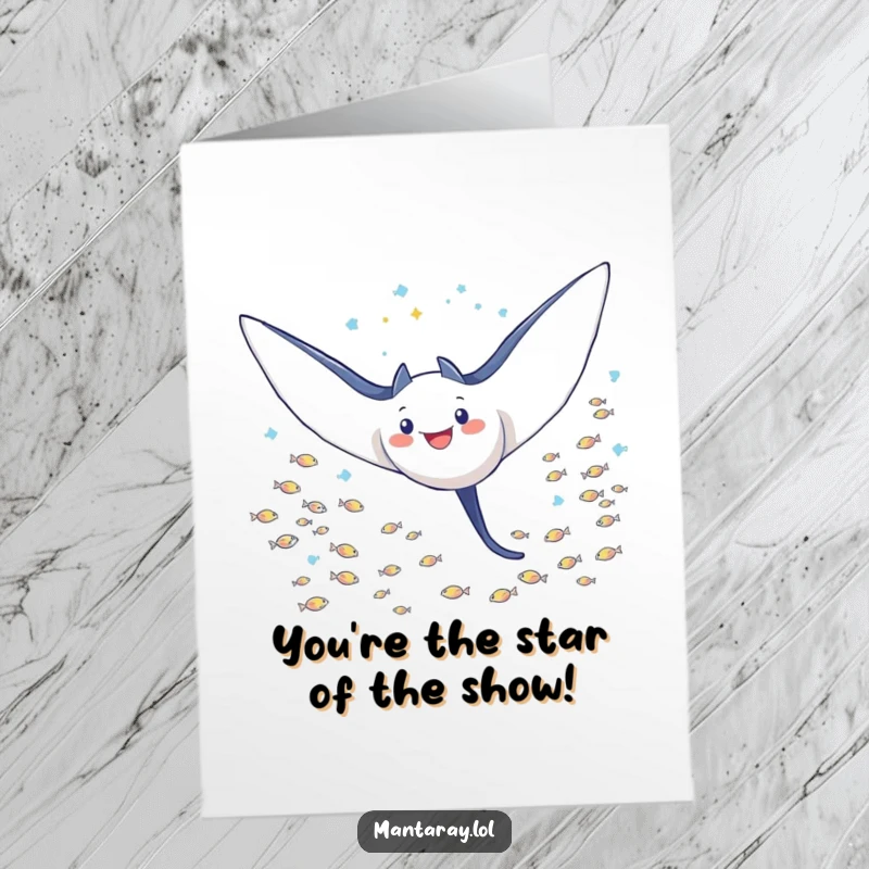 Funny free printable Happy Birthday card: A triumphant manta ray with wings spread wide soars gracefully through a school of tiny fish.