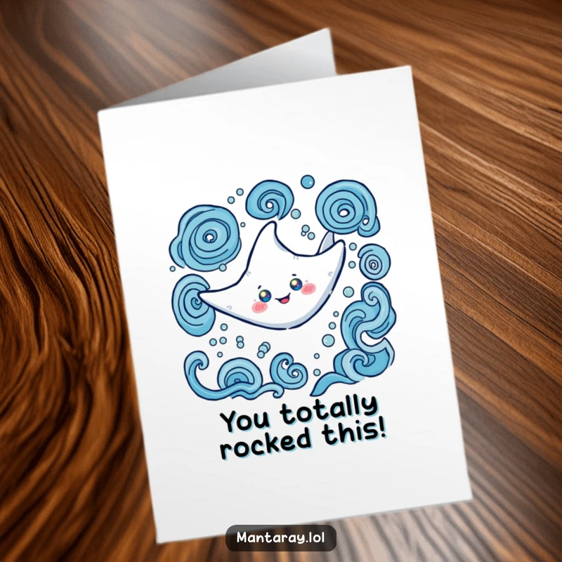 Funny free printable Congratulations card: A happy manta ray with glowing eyes swims impressively in swirling water patterns.