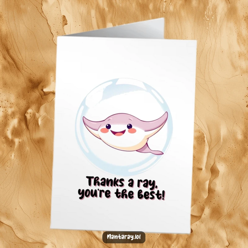Funny Free Printable Thank You Card: A wide-grinning manta ray playfully swims within a giant, translucent bubble, conveying heartfelt thanks with humor.
