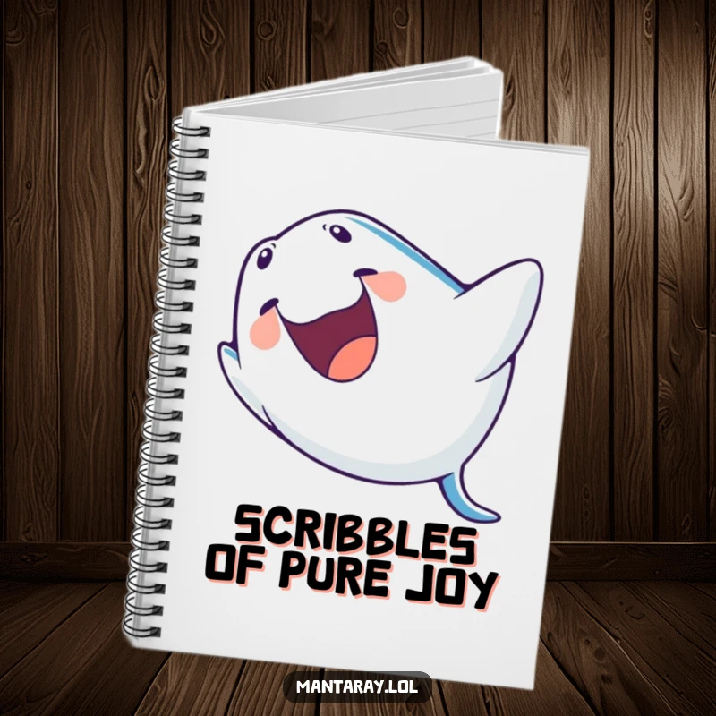 Funny Notebook with a manta ray laughing heartily, mid-barrel roll, perfect for capturing witty thoughts and playful ideas.