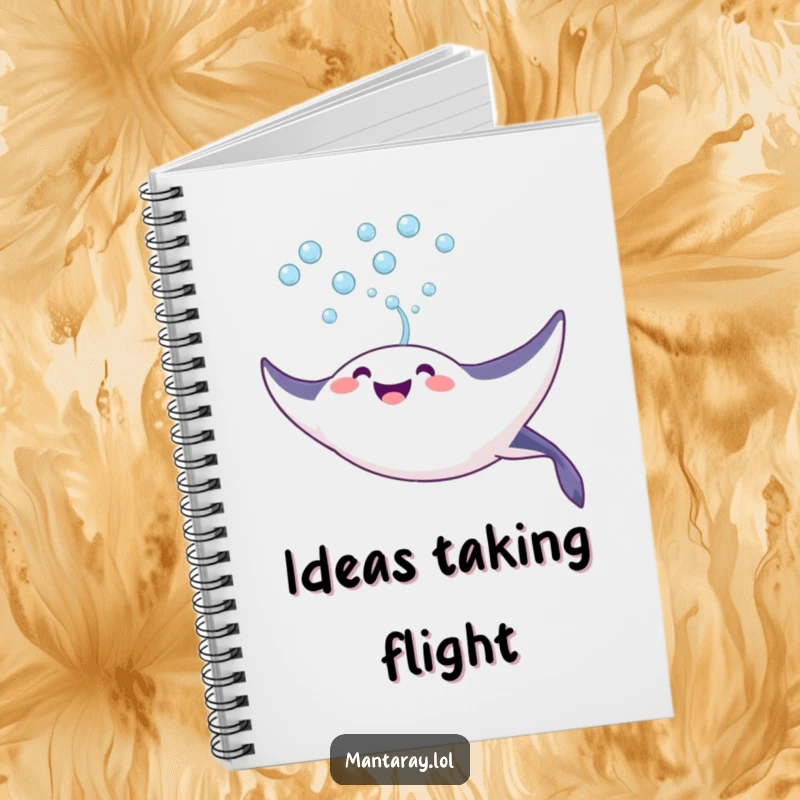 Funny Notebook with a joyful manta ray blowing a stream of bubbles upwards, ideal for journaling positive thoughts and ideas.