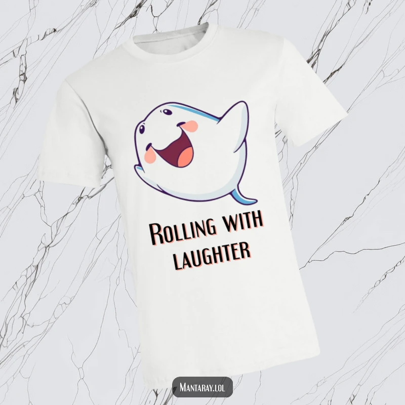Funny T-Shirt of a jubilant manta ray with an open mouth laughing, executing an energetic barrel roll with pure delight.