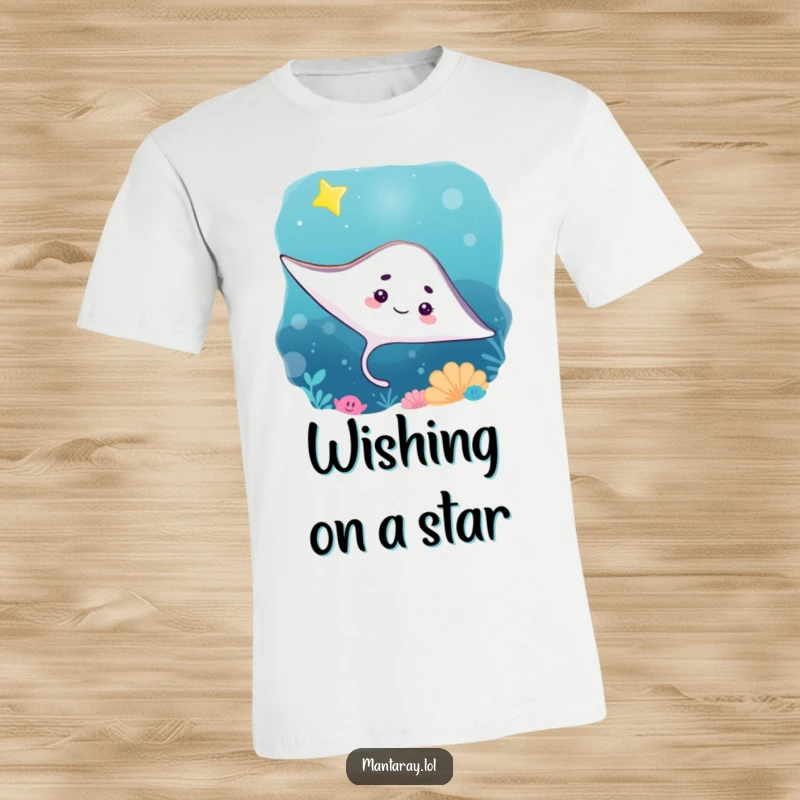 Funny T-Shirt showing a curious manta ray peering up at a bright, twinkling star, evoking a sense of oceanic mystery and dreams.