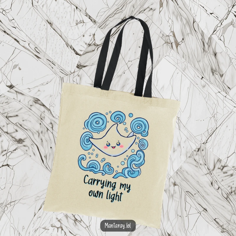 Funny Tote Bag with a happy manta ray showing off glowing eyes, swimming gracefully in swirling water, a practical and humorous accessory.