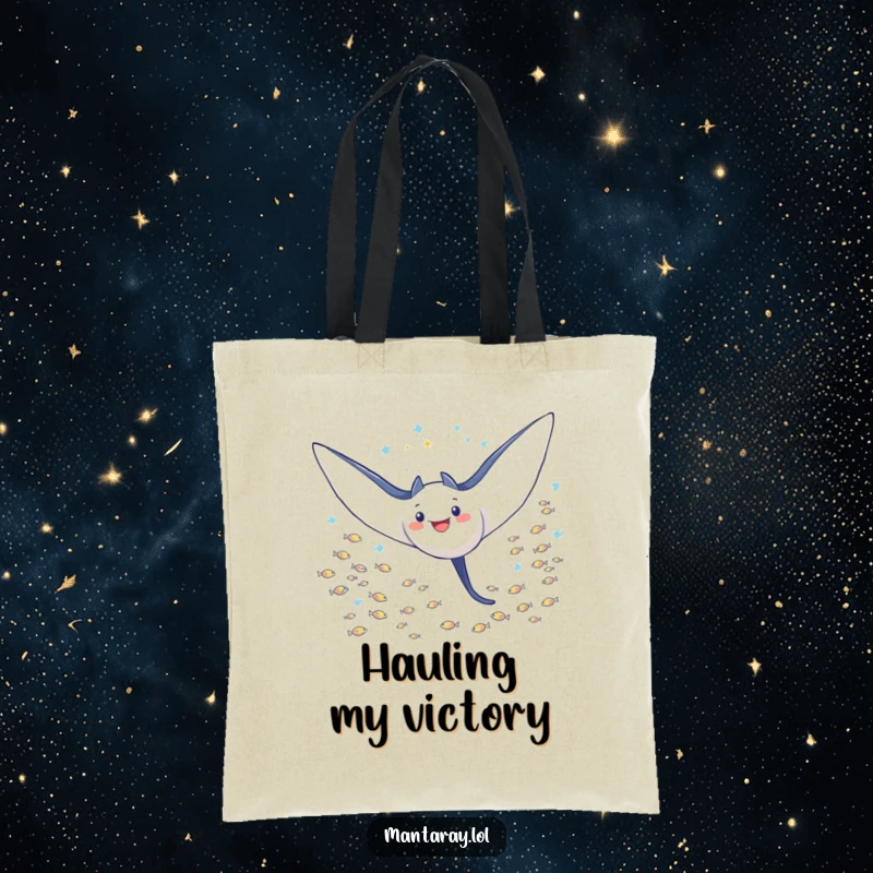 Funny Tote Bag featuring a triumphant manta ray with wings spread wide, soaring through a school of tiny fish, a stylish carry-all.